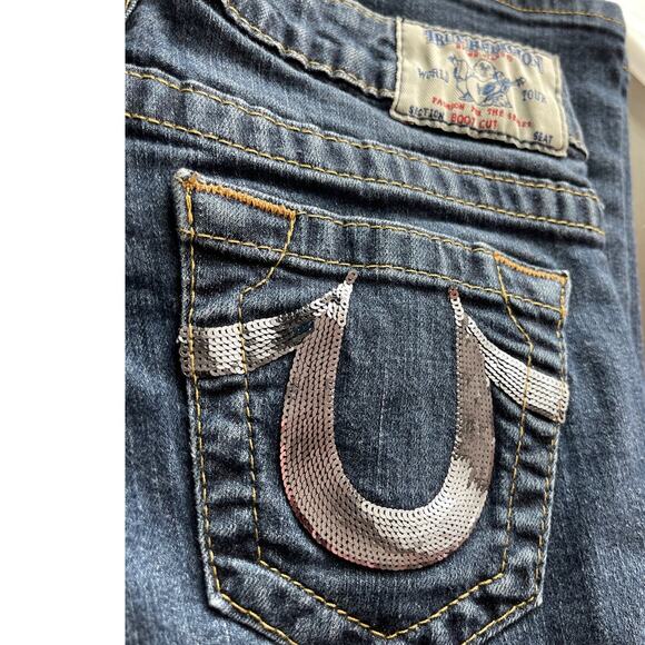 True Religion Bootcut Low Rise Jeans Metallic / Sparkle Painted Pockets Size 27 - Picture 9 of 9